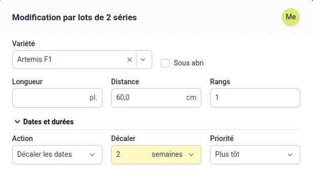 Capture d’écran du formulaire des séries montrant le décalage des dates